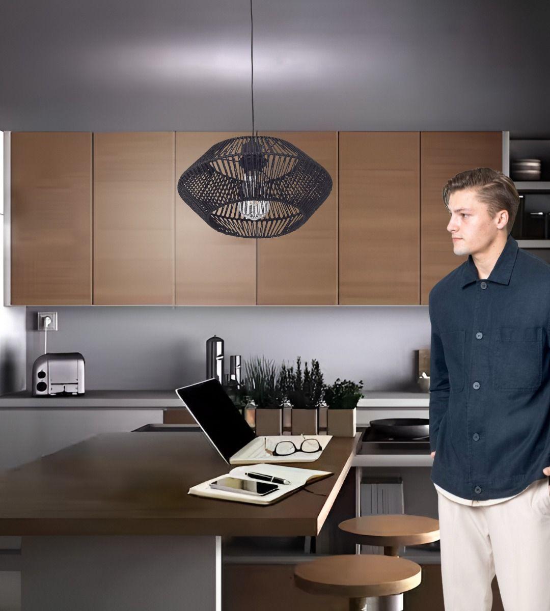 Lámpara Techo Colgante Jaula Ratán Tejida Bohemio Negro Jhn-5