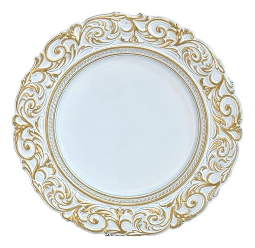 Set 3 Plato Blanco Borde Dorado Mesa Relieve Decorativo Jhn-9