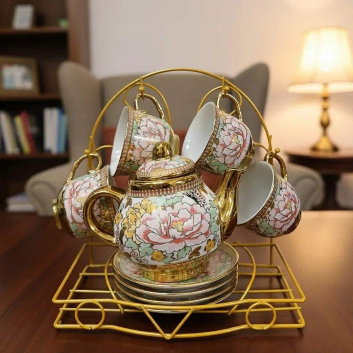 Juego Té Diseño Floral Tetera Soporte Organizador Hogar Jhn-8