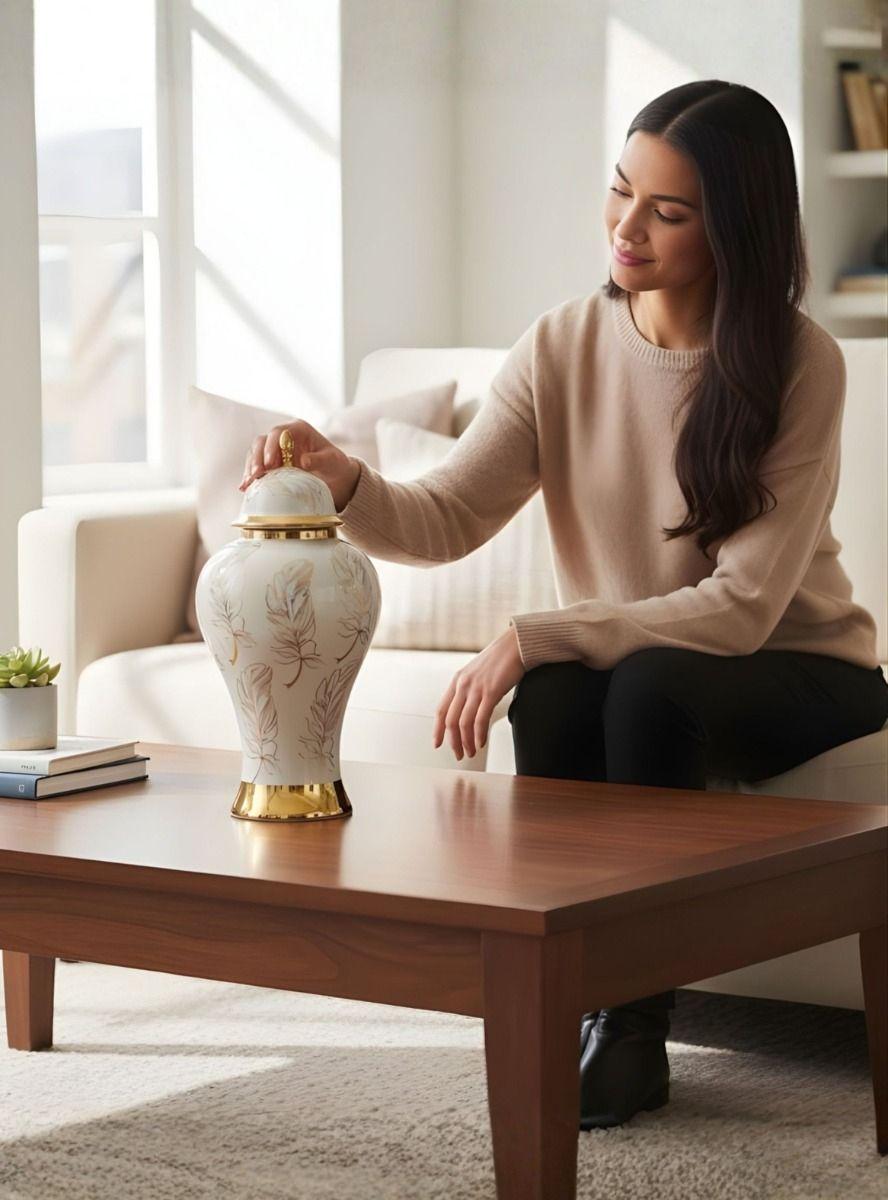 Potiche Decorativo Elegante Jarrón Diseño Plumas Adorno Jhn-2