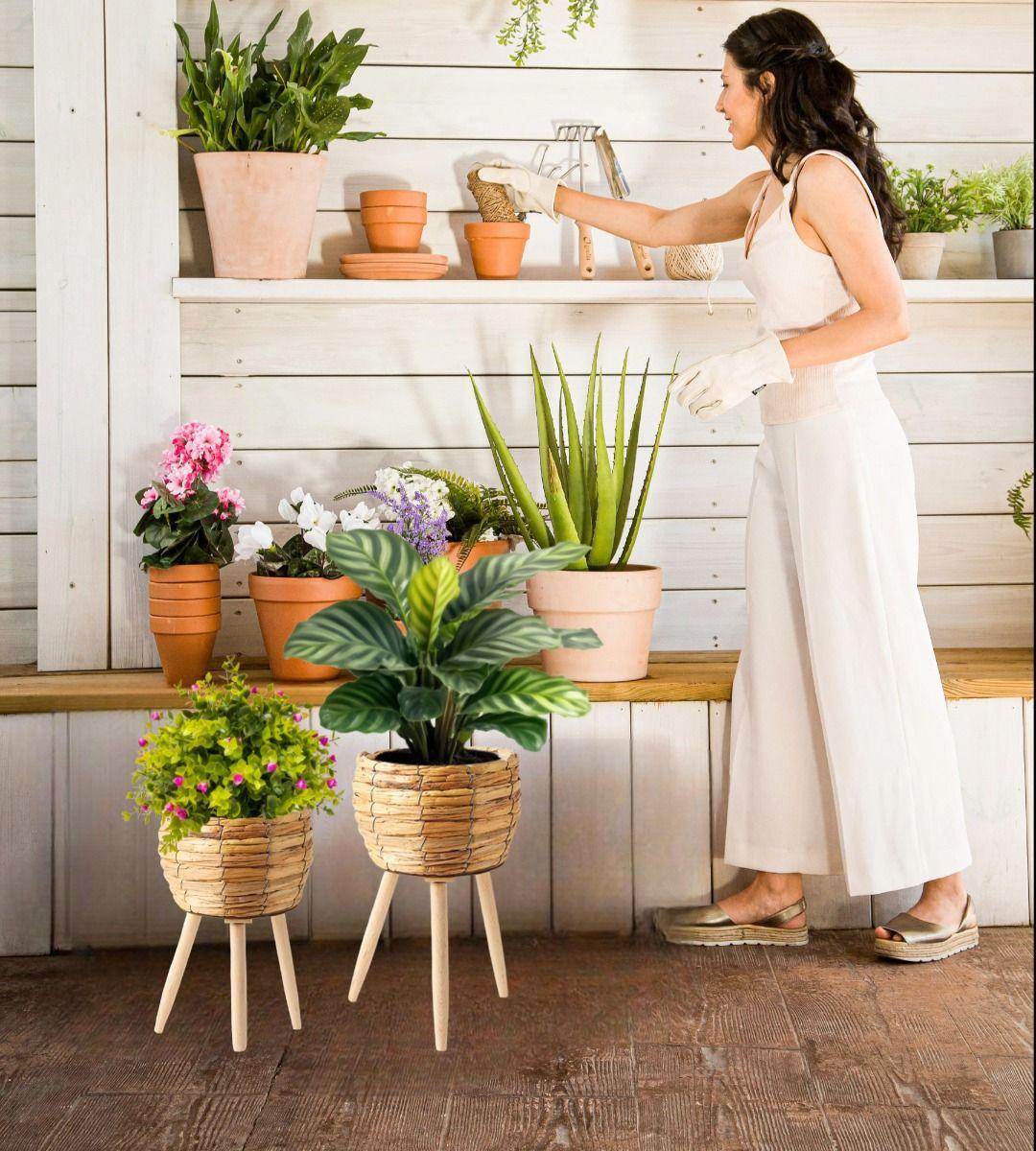 Set Macetas Decorativas Tejido Paja Plantas Flores Jhn-2