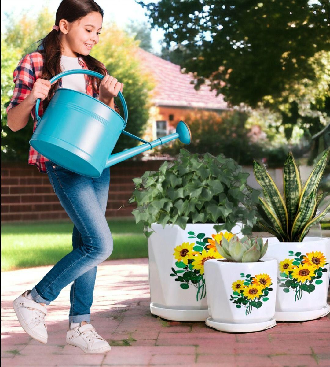 Set 3 Macetas Girasol Cerámica Plantas Jardín Decoración Jhn-2