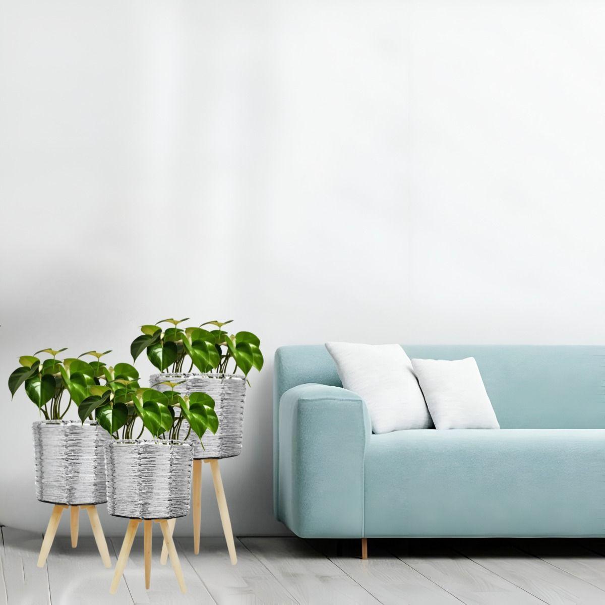 Set De 3 Maceteros Mimbre Sintético Plata Jardín Plantas Jhn-3