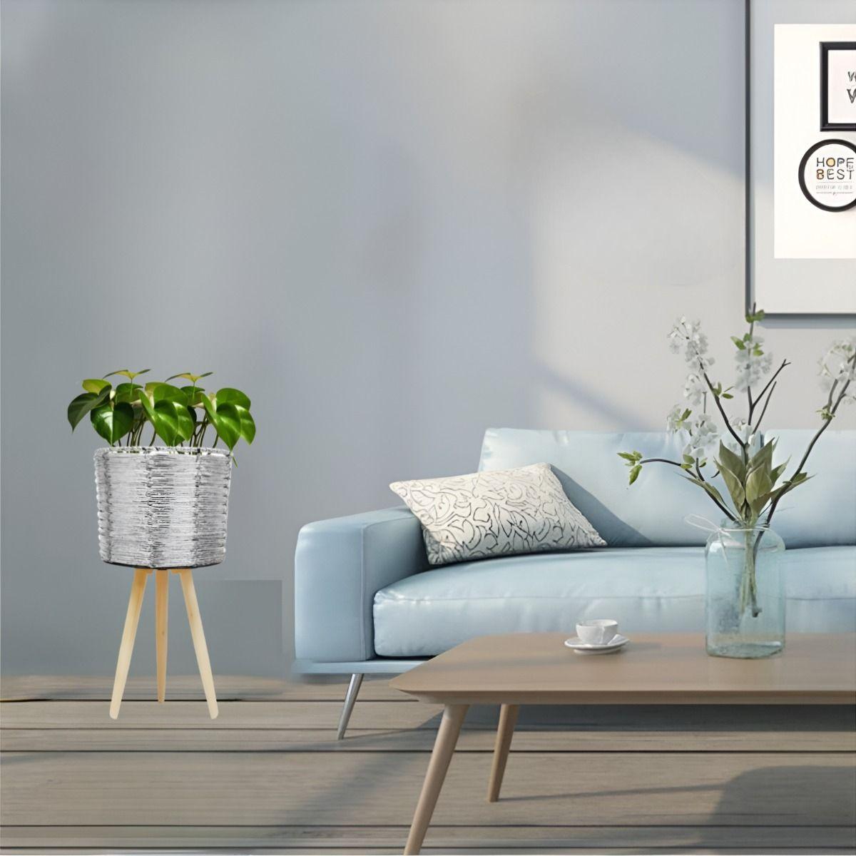 Set De 3 Maceteros Mimbre Sintético Plata Jardín Plantas Jhn-8