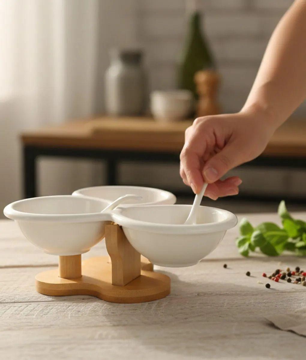 Salsero Decorativo Minimalista Triple Envase Base Bambú Jhn-6