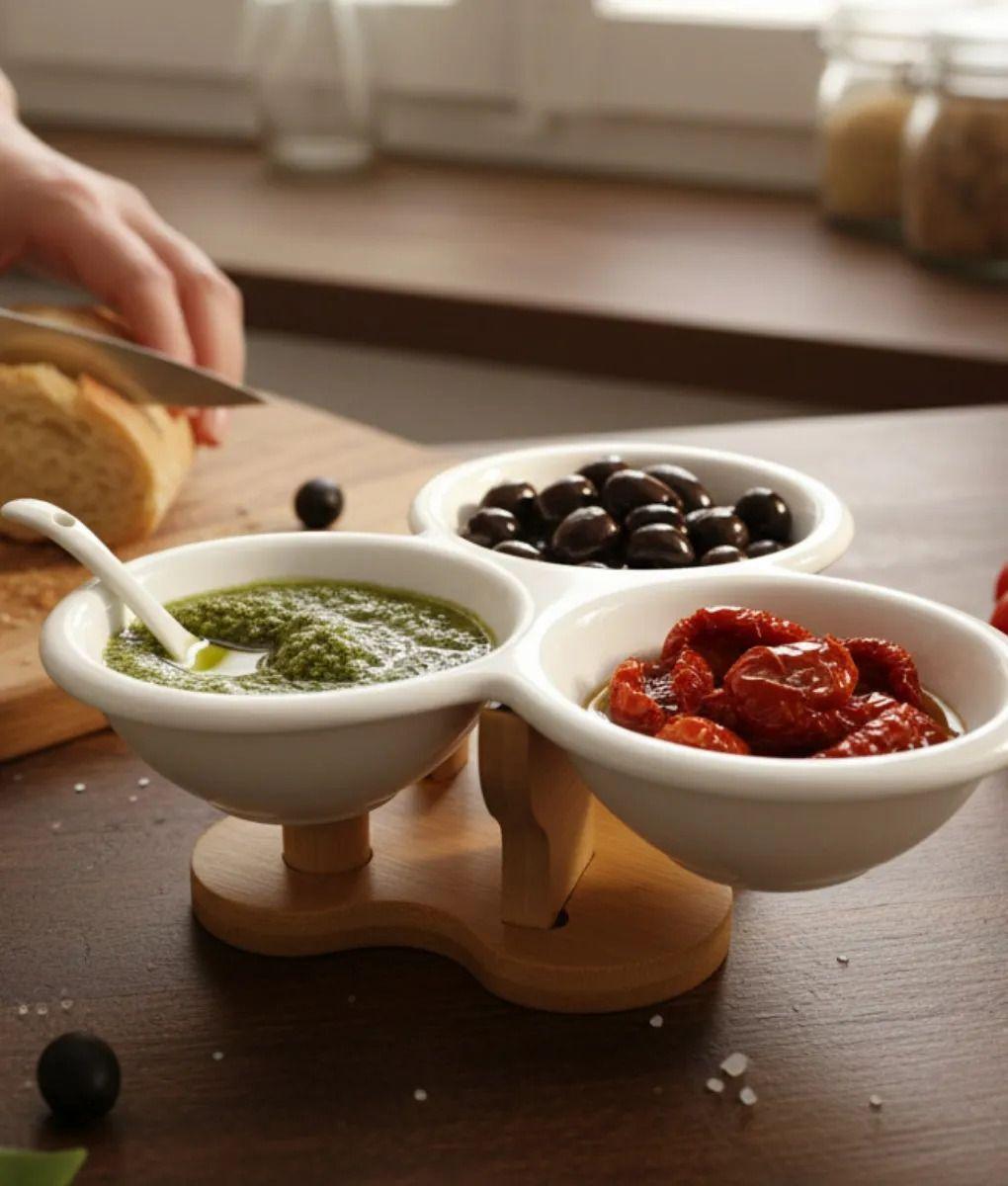 Salsero Decorativo Minimalista Triple Envase Base Bambú Jhn-9