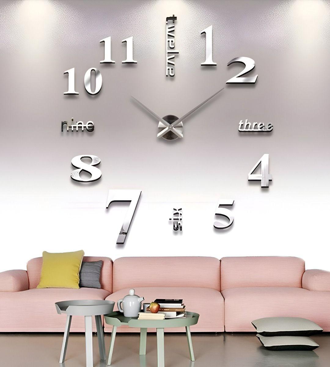 Reloj Pared 3D Grande Sin Marco Decoración Plateado Jhn-6