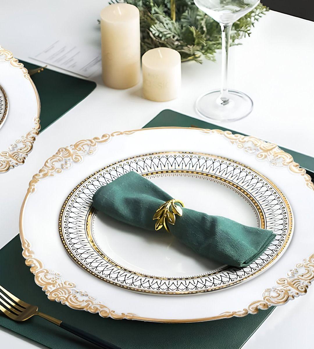 Set 3 Bajo Plato Base Decorativo Blanco Y Borde Dorado Jhn-5