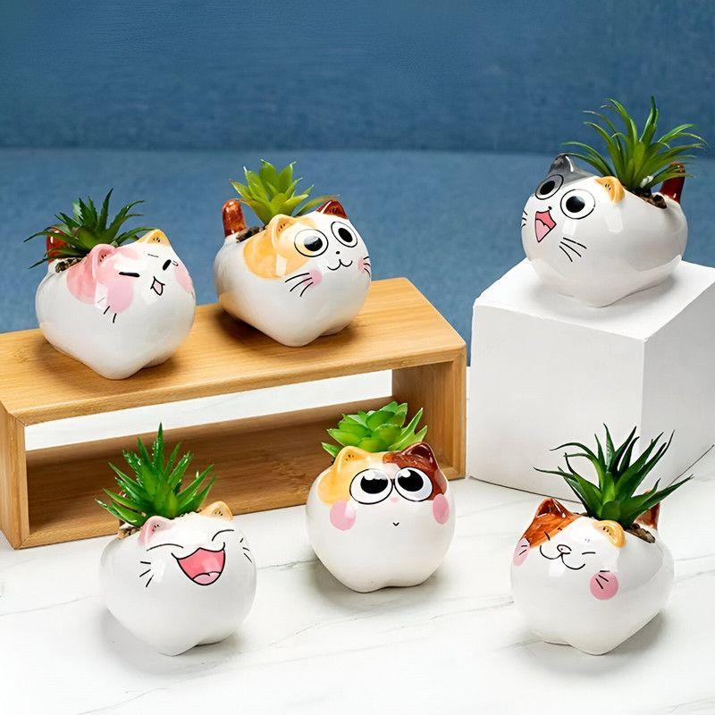Set 2 Macetas Gatito Dibujo Animado Decoracion Hogar Lau-5