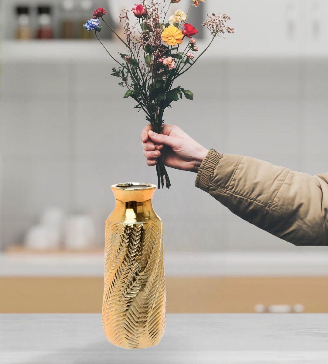 Florero Jarrón Decorativo Dorado Textura Relieve Moderno Jhn-2