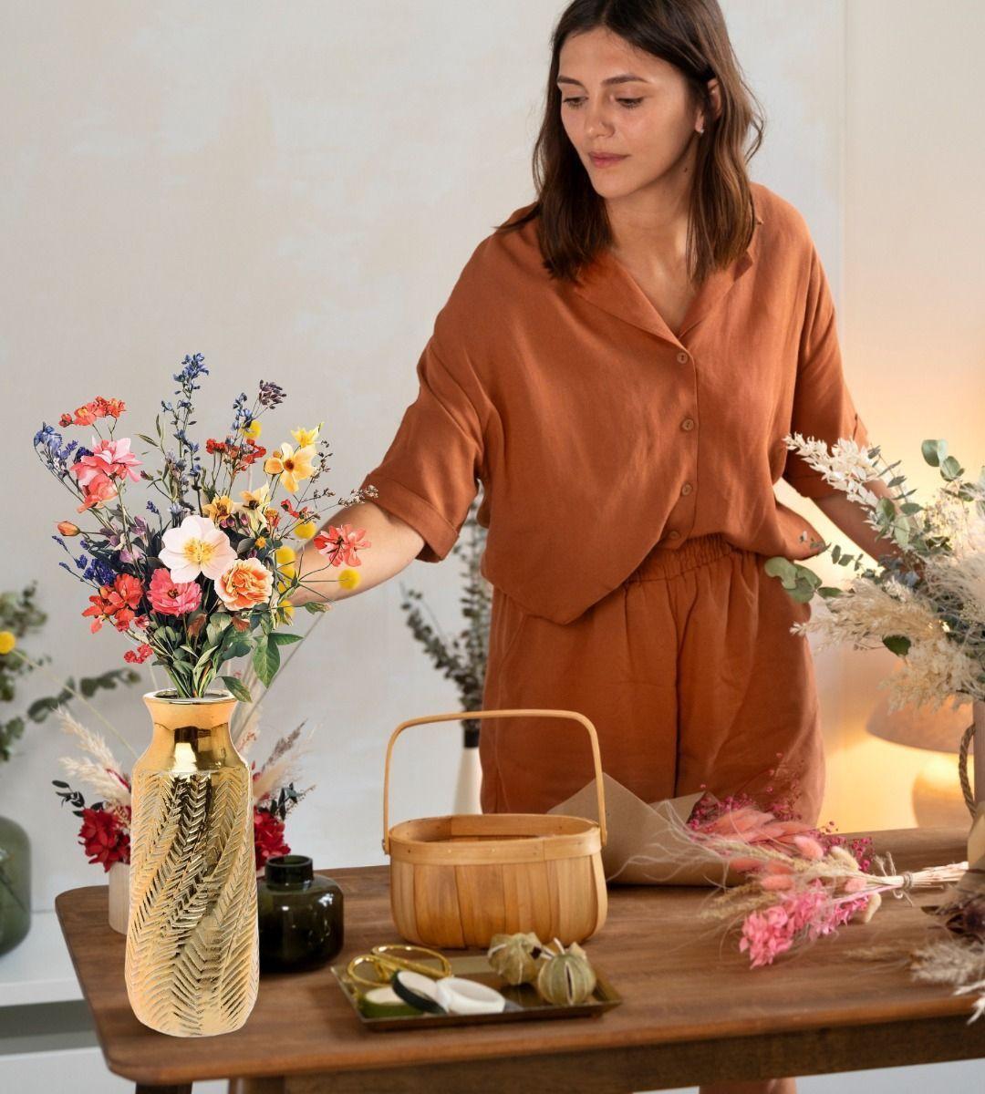 Florero Jarrón Decorativo Dorado Textura Relieve Moderno Jhn-4