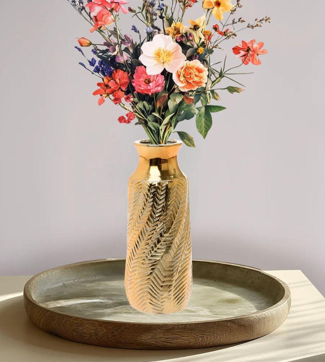Florero Jarrón Decorativo Dorado Textura Relieve Moderno Jhn-8