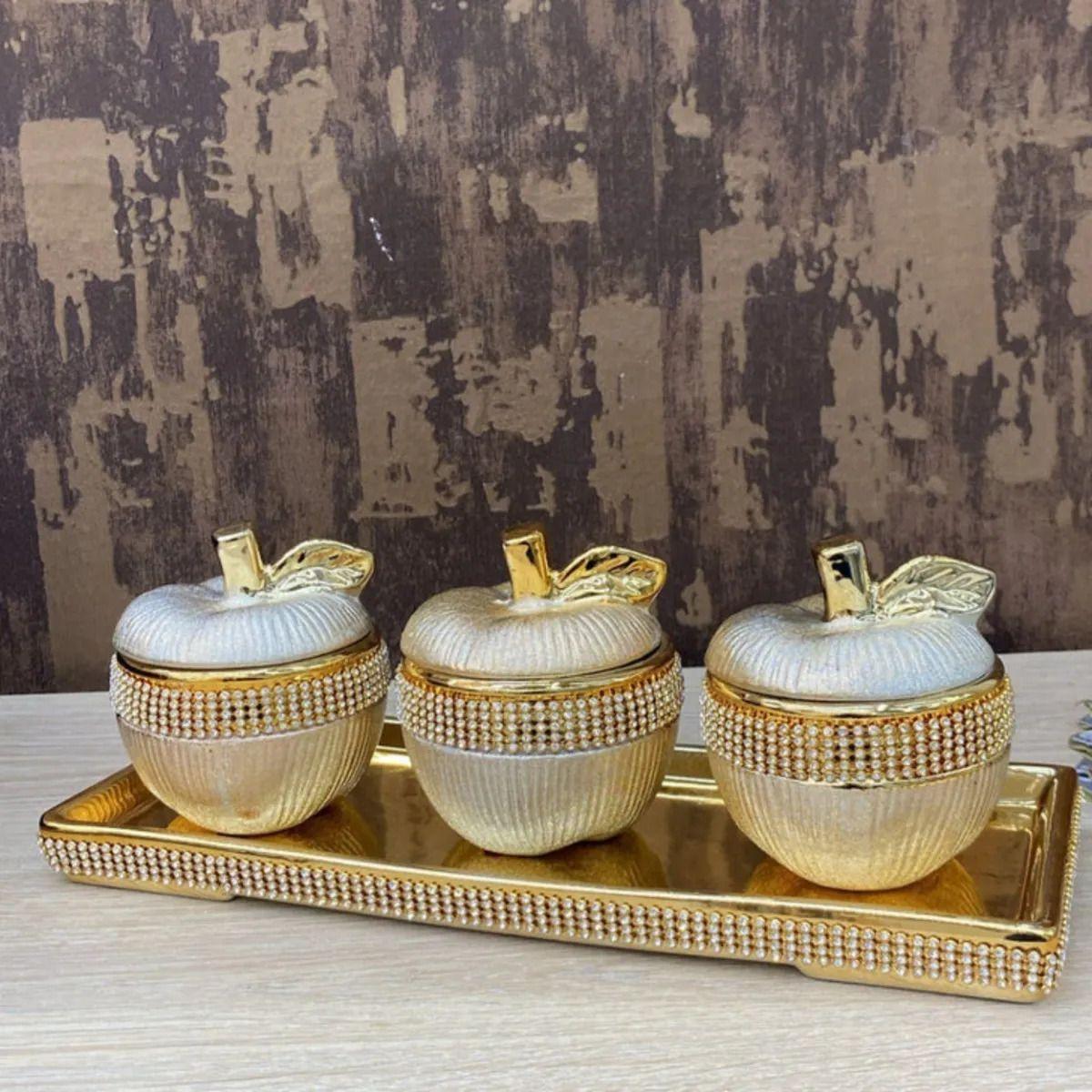 Set Decorativo 3 Figura Forma Manzana Bandeja Detalles Jhn-9