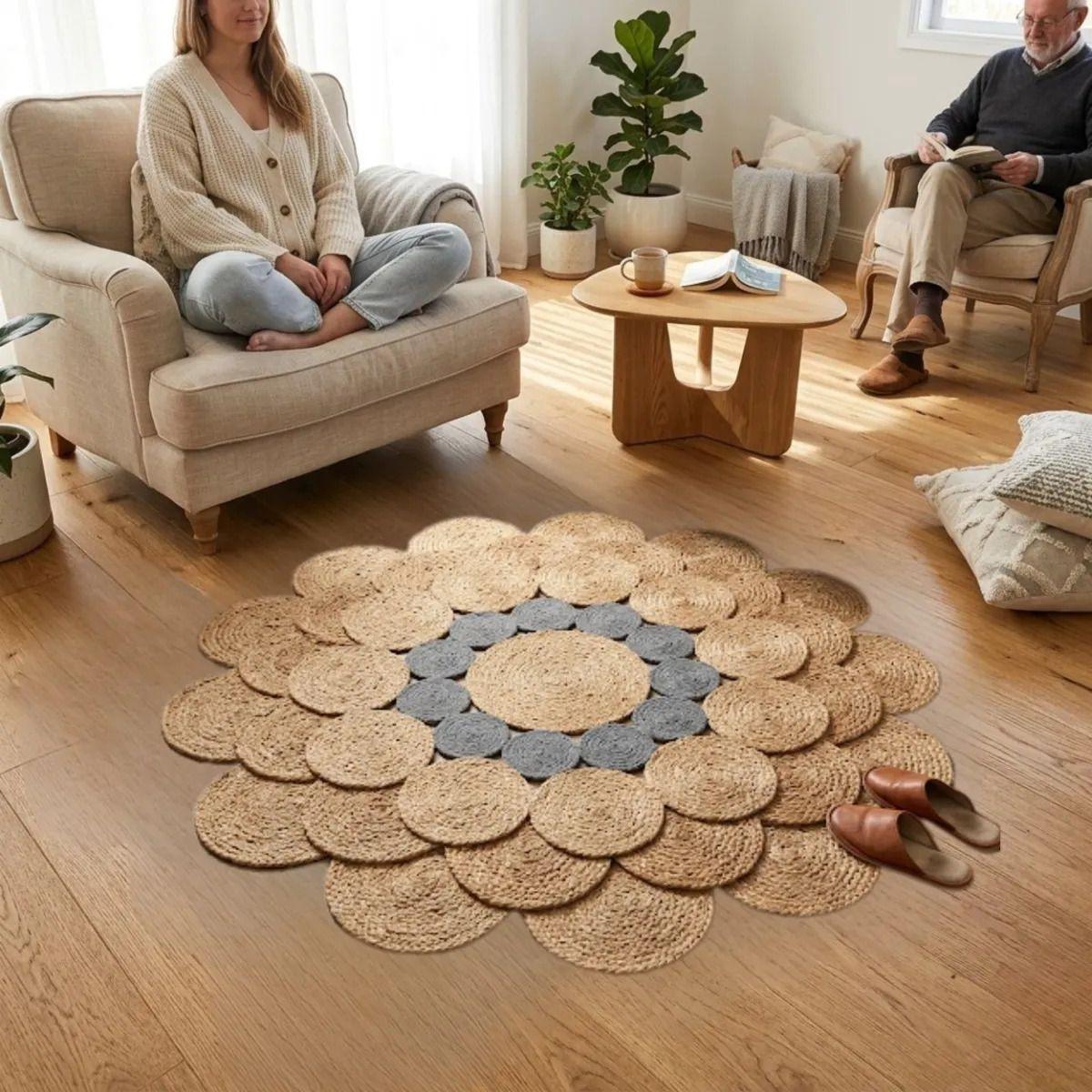 Alfombra Circular Yute Forma Flor Tejida Artesanal ALJ-2