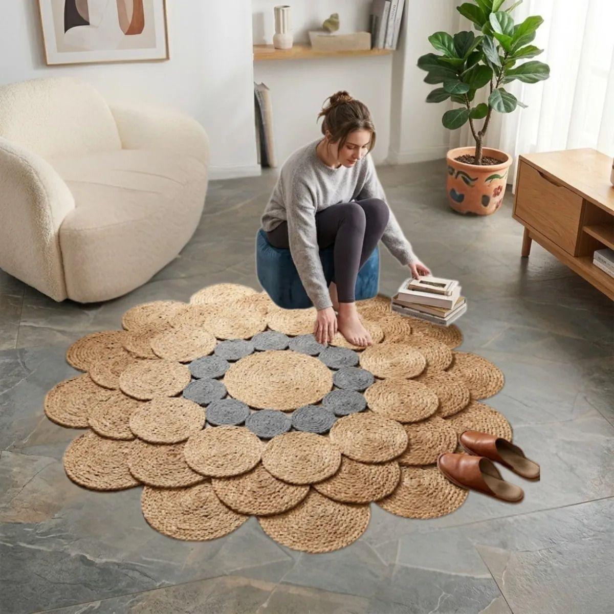 Alfombra Circular Yute Forma Flor Tejida Artesanal ALJ-3