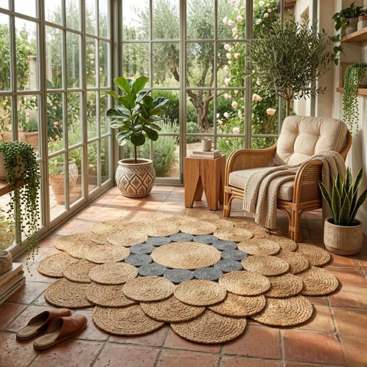 Alfombra Circular Yute Forma Flor Tejida Artesanal ALJ-4
