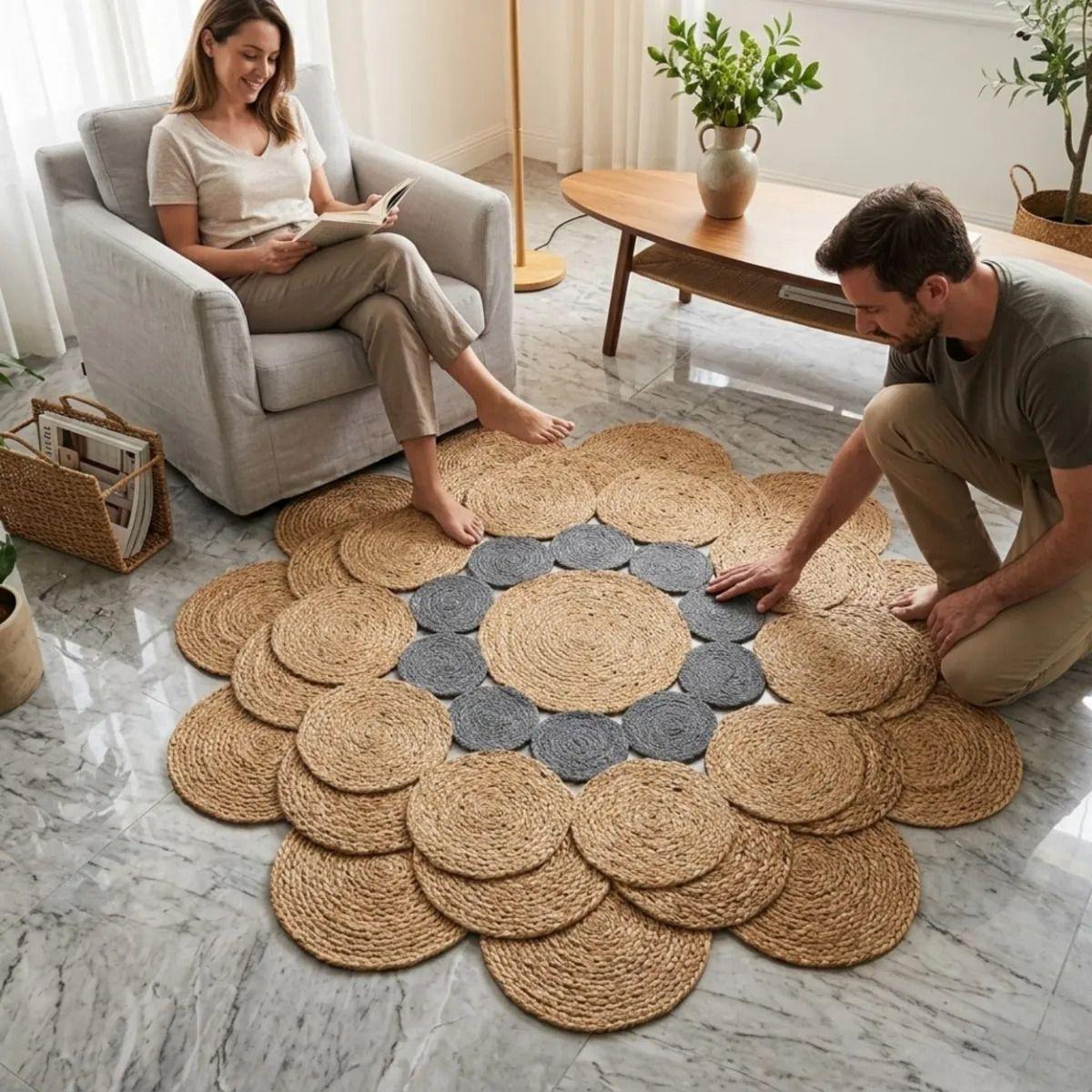 Alfombra Circular Yute Forma Flor Tejida Artesanal ALJ-6