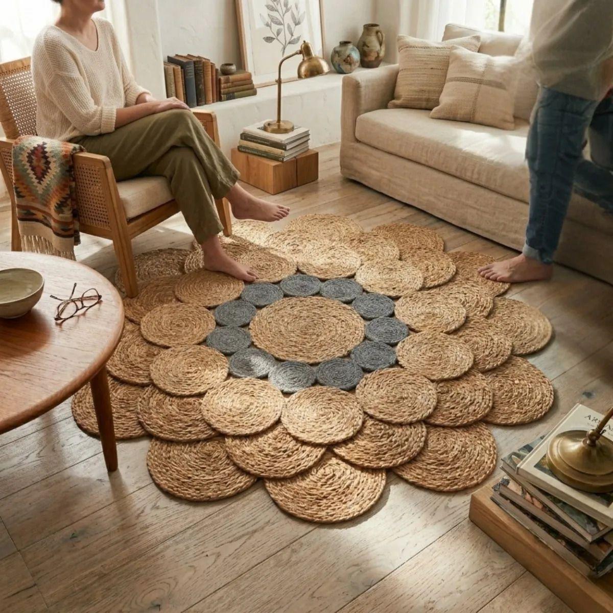 Alfombra Circular Yute Forma Flor Tejida Artesanal ALJ-7