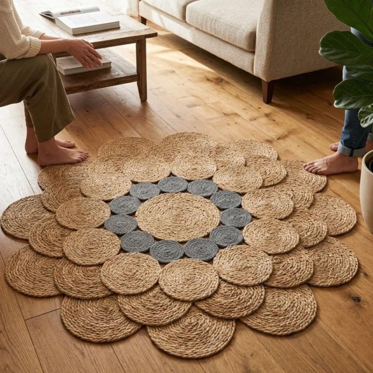Alfombra Circular Yute Forma Flor Tejida Artesanal ALJ-9
