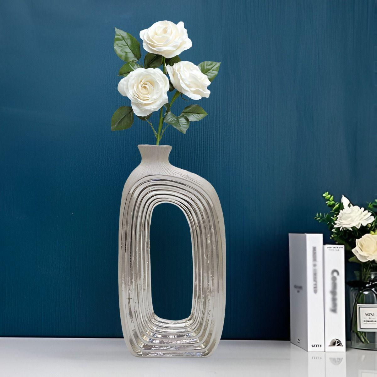 Florero Jarrón Cerámica Abierto Decoración Plateado Jhn-2