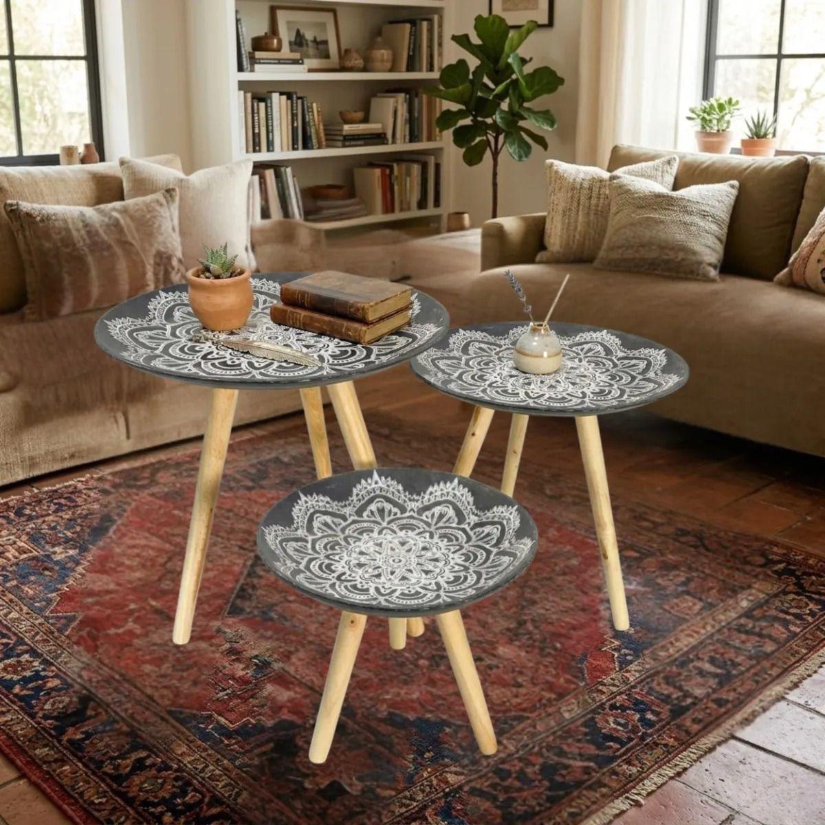 Set 3 Mesas Auxiliares Tipo Nido Arte Mandala Estilo Zen ALJ-9