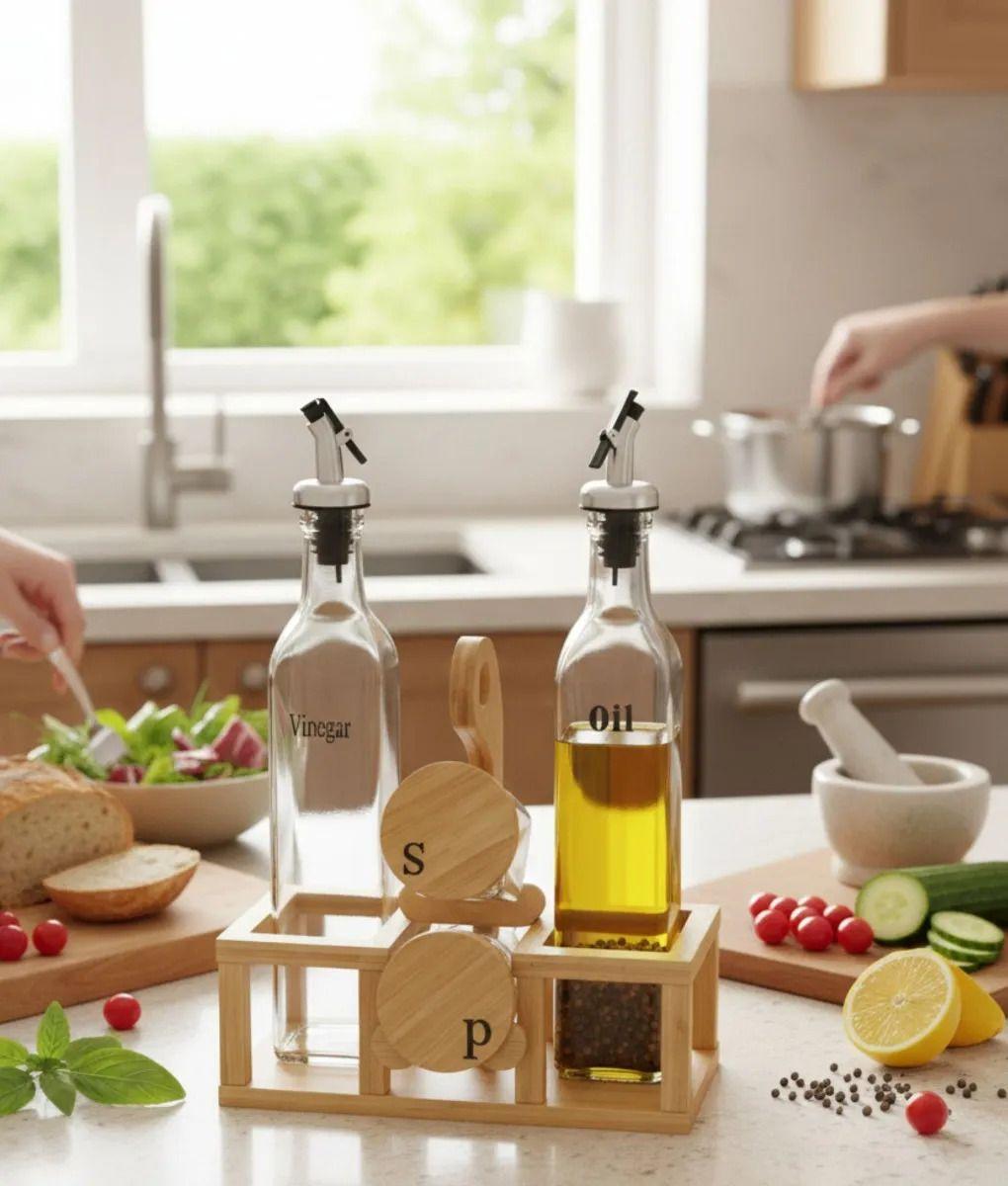 Soporte Aceitera Vinagrera Salero Pimentero Bambú Mesa Jhn-6