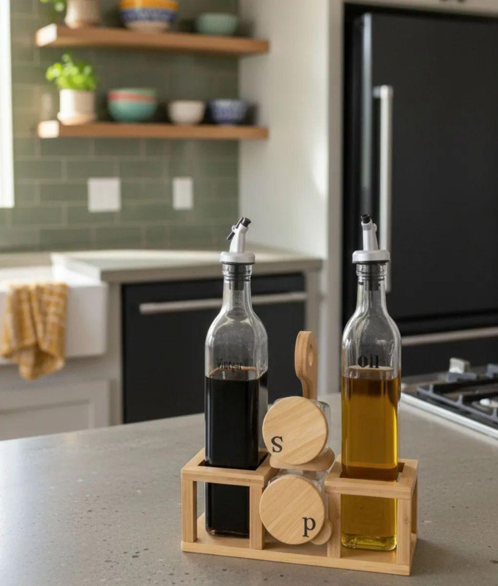 Soporte Aceitera Vinagrera Salero Pimentero Bambú Mesa Jhn-8