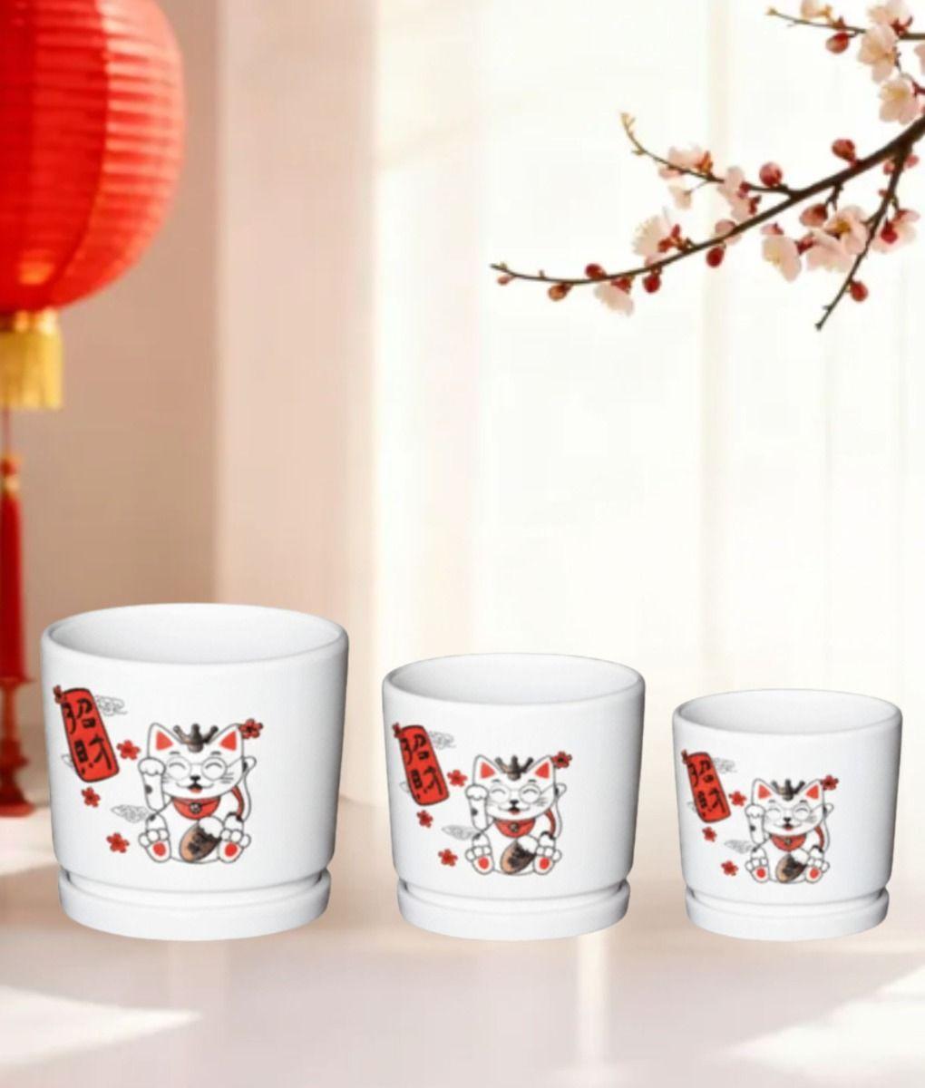 Set 3 Macetero Decorativo Diseño Gato Suerte Armonía Jhn-5