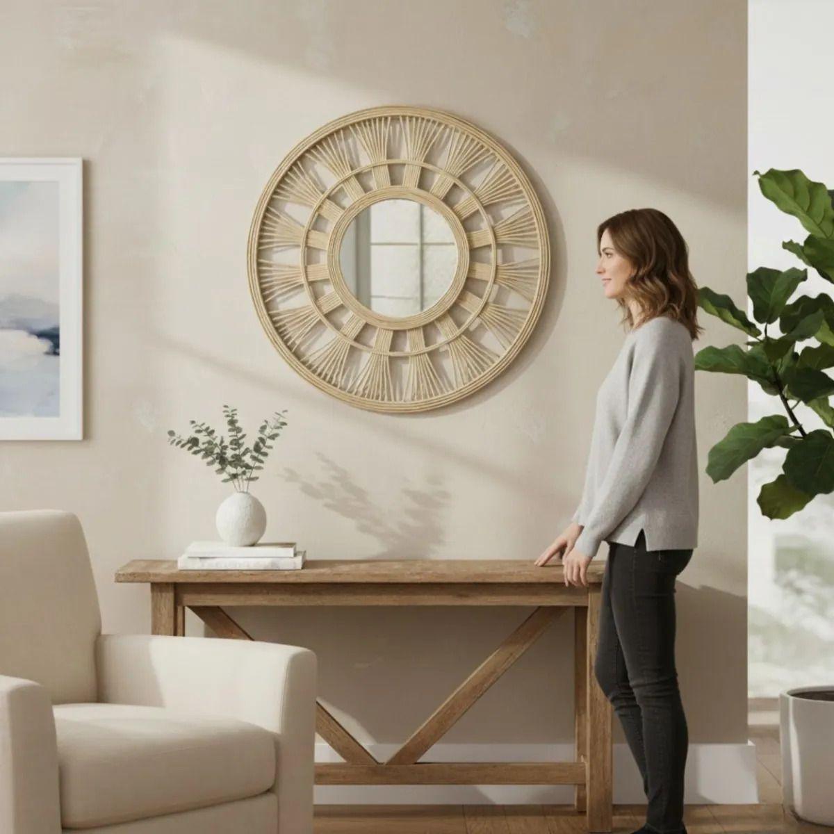 Espejo Pared Sol Decorativo Circular Estilo Mimbre Jhn-3