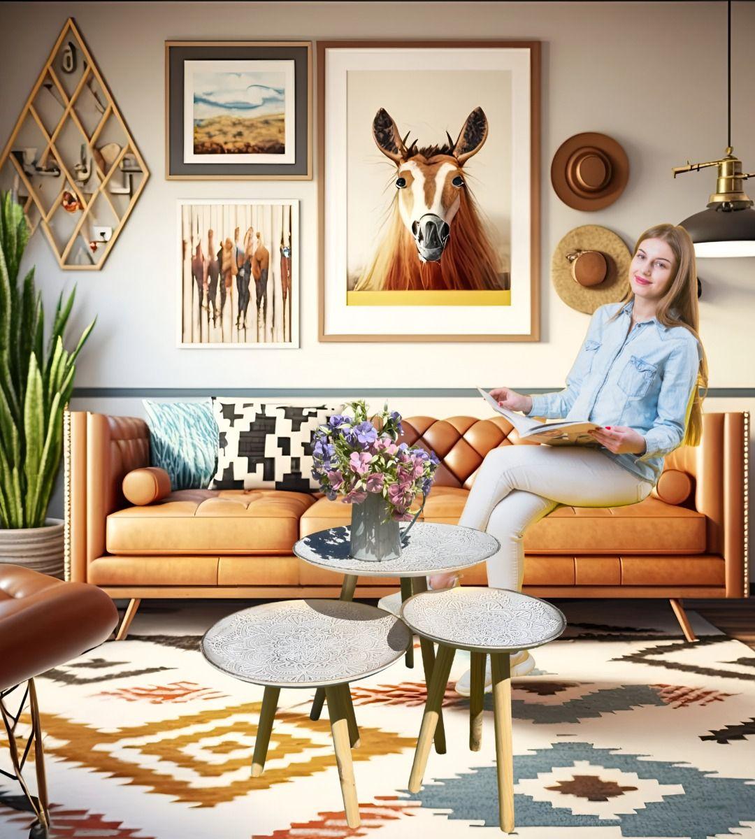 Set 3 Mesas Centro Decorativa Mandala Nórdica Redonda Jhn-3