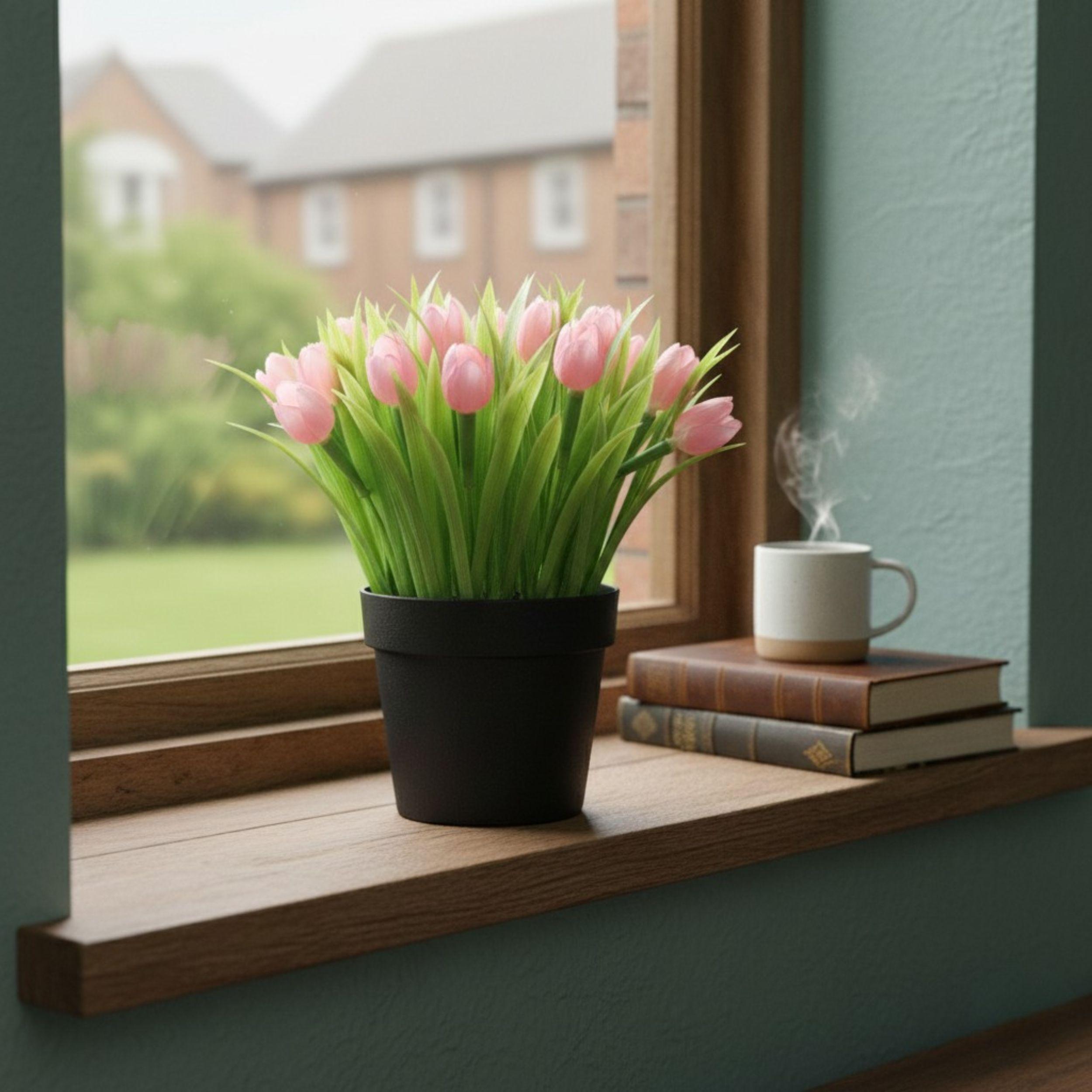 Set 2 Flores Artificiales Decorativas Tulipanes Maceta ALJ-5