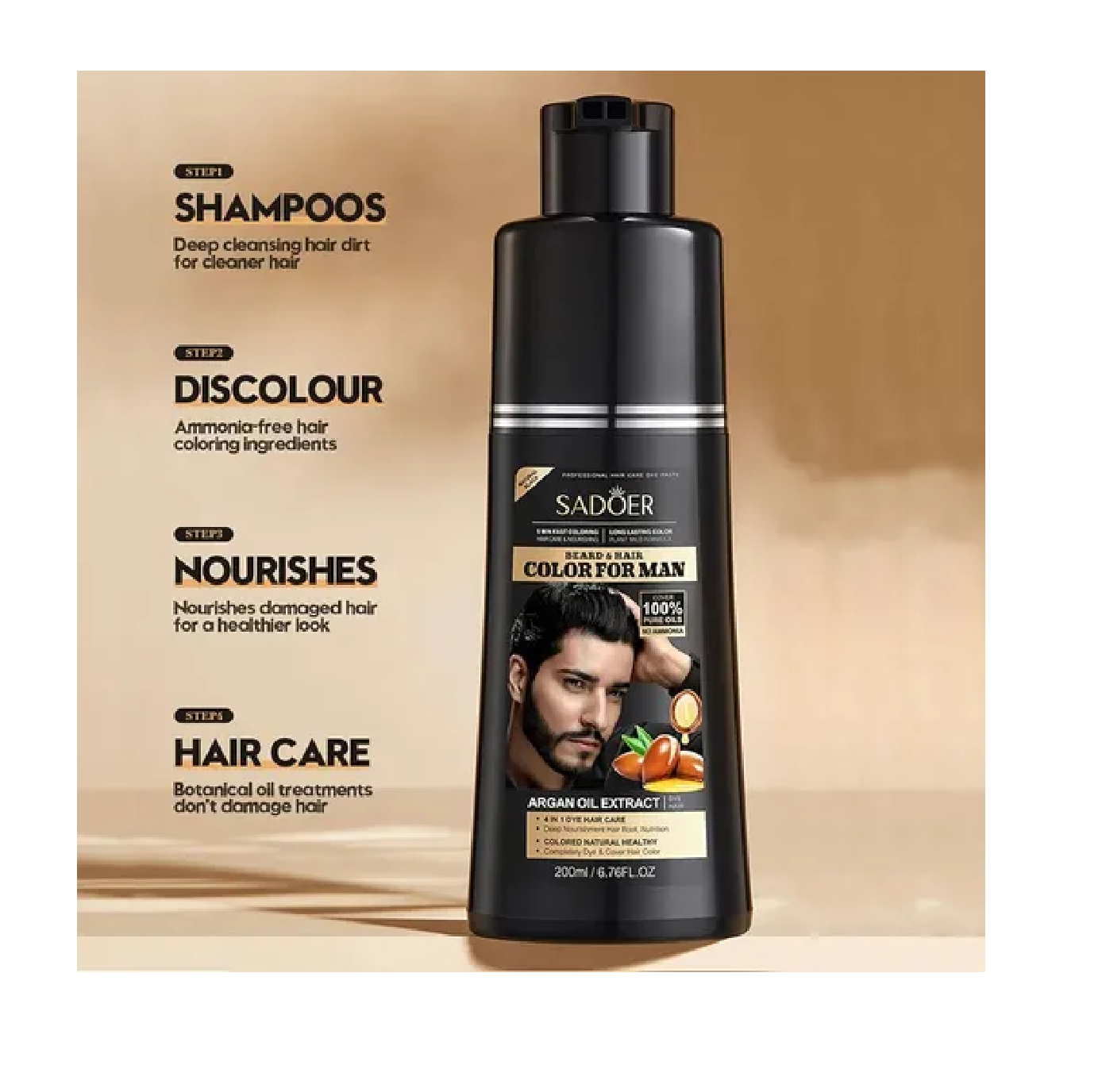 Tinte Sadoer 200ml Cabello Barba Y Bigote Sin Amoníaco 1 Negro-2