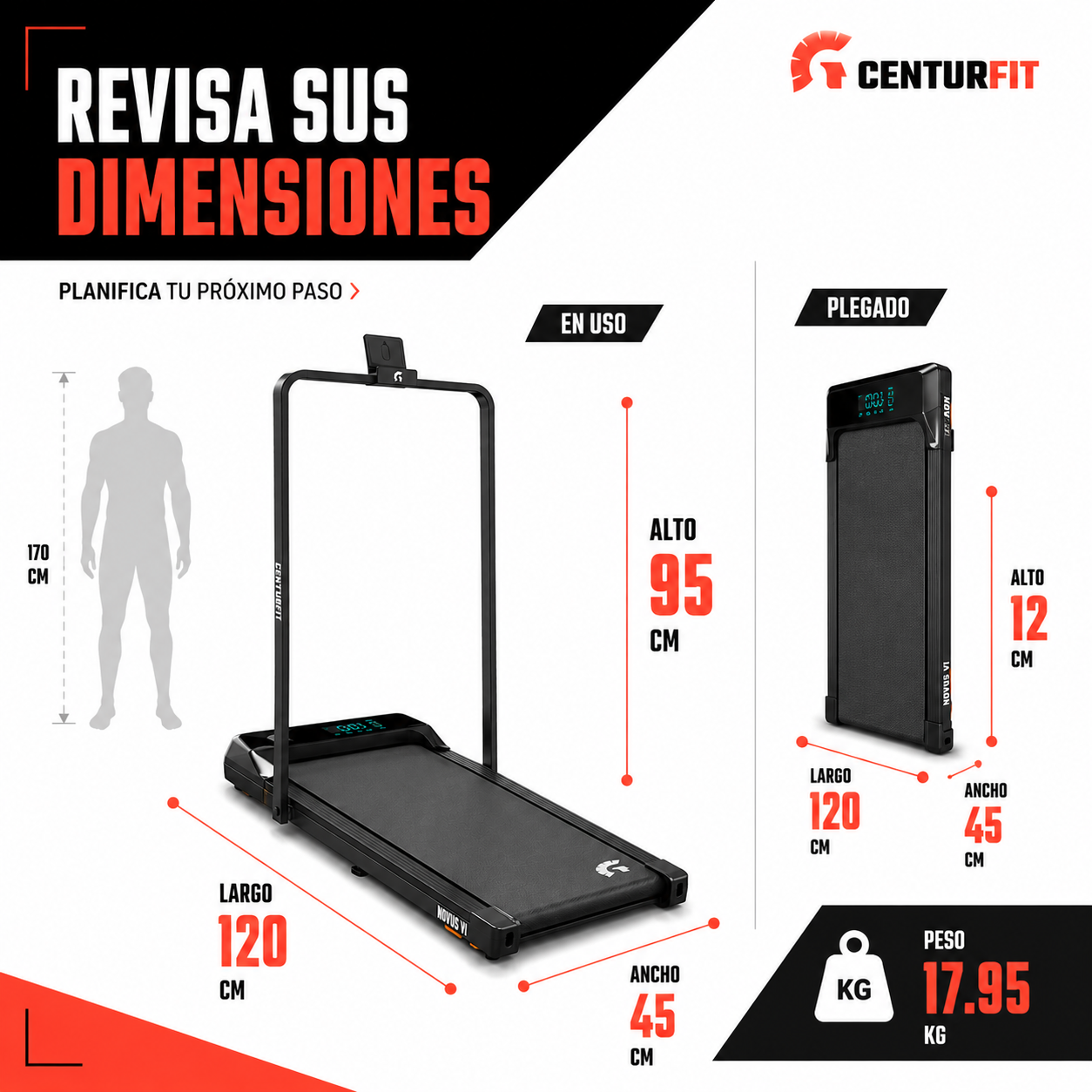 Caminadora Electrica Ultra Compacta Centurfit 2 HP 10km/h Walkingpad Con Pantalla y Ruedas Negra-4