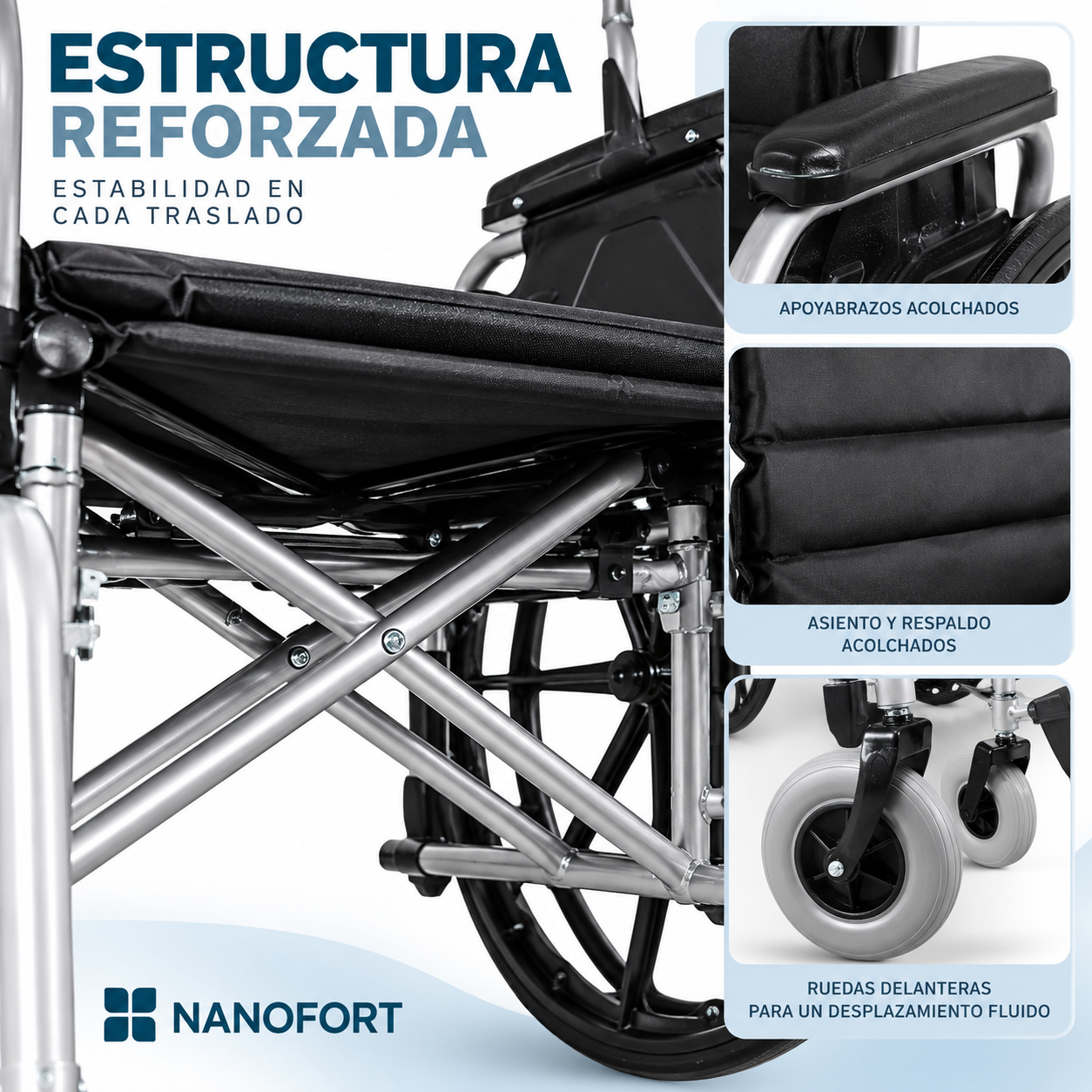 Silla De Ruedas Nanofort Reforzada 150 Kg Asiento Ancho 55 Cm-2