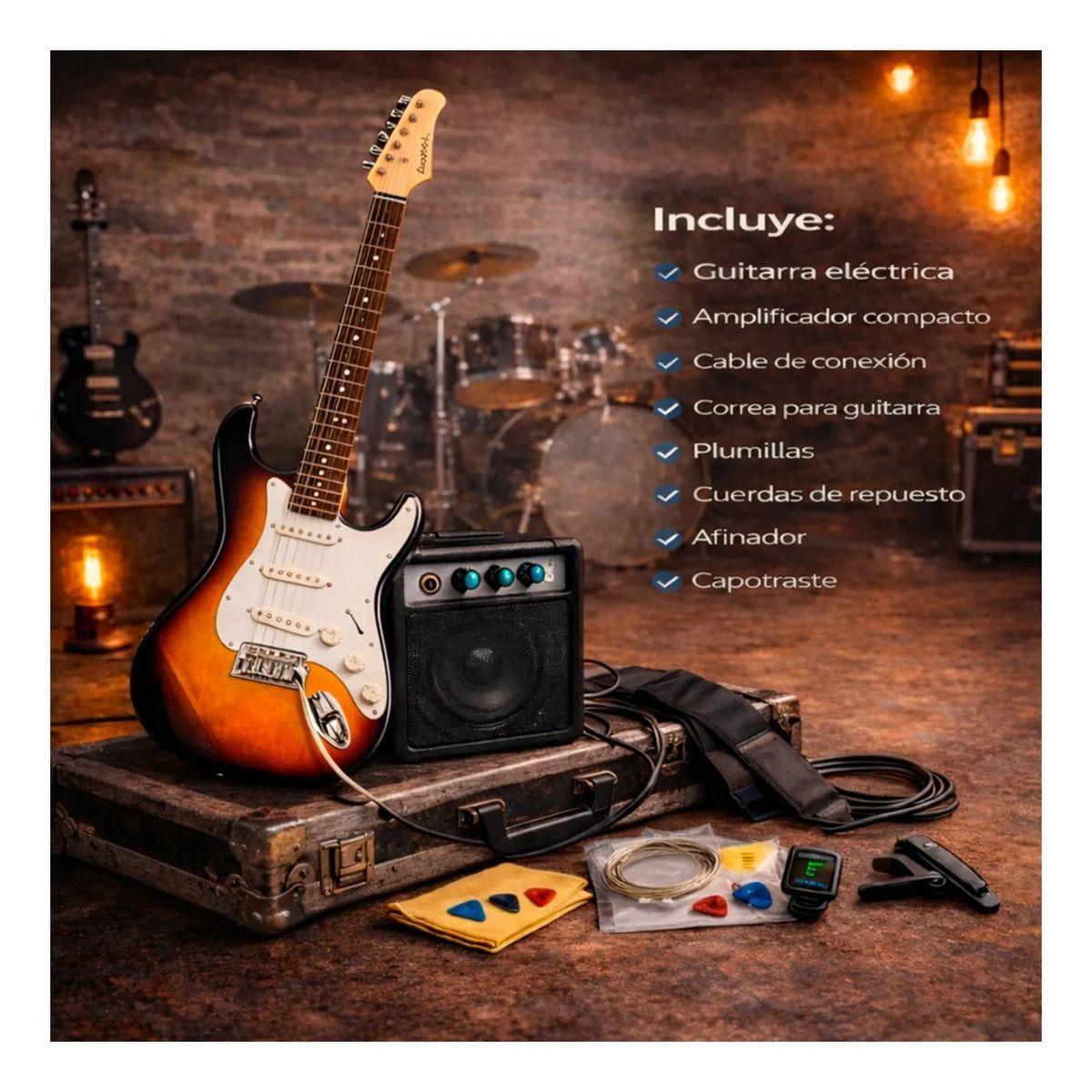 Guitarra Electrica Audiotek Con Amplificador Color Cafe-2