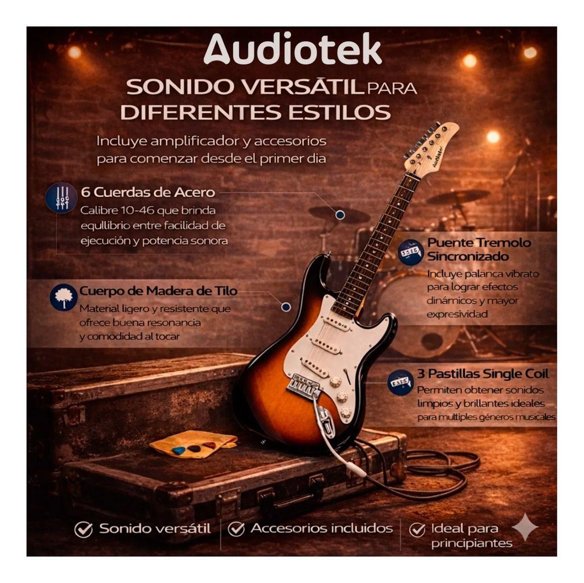 Guitarra Electrica Audiotek Con Amplificador Color Cafe-3