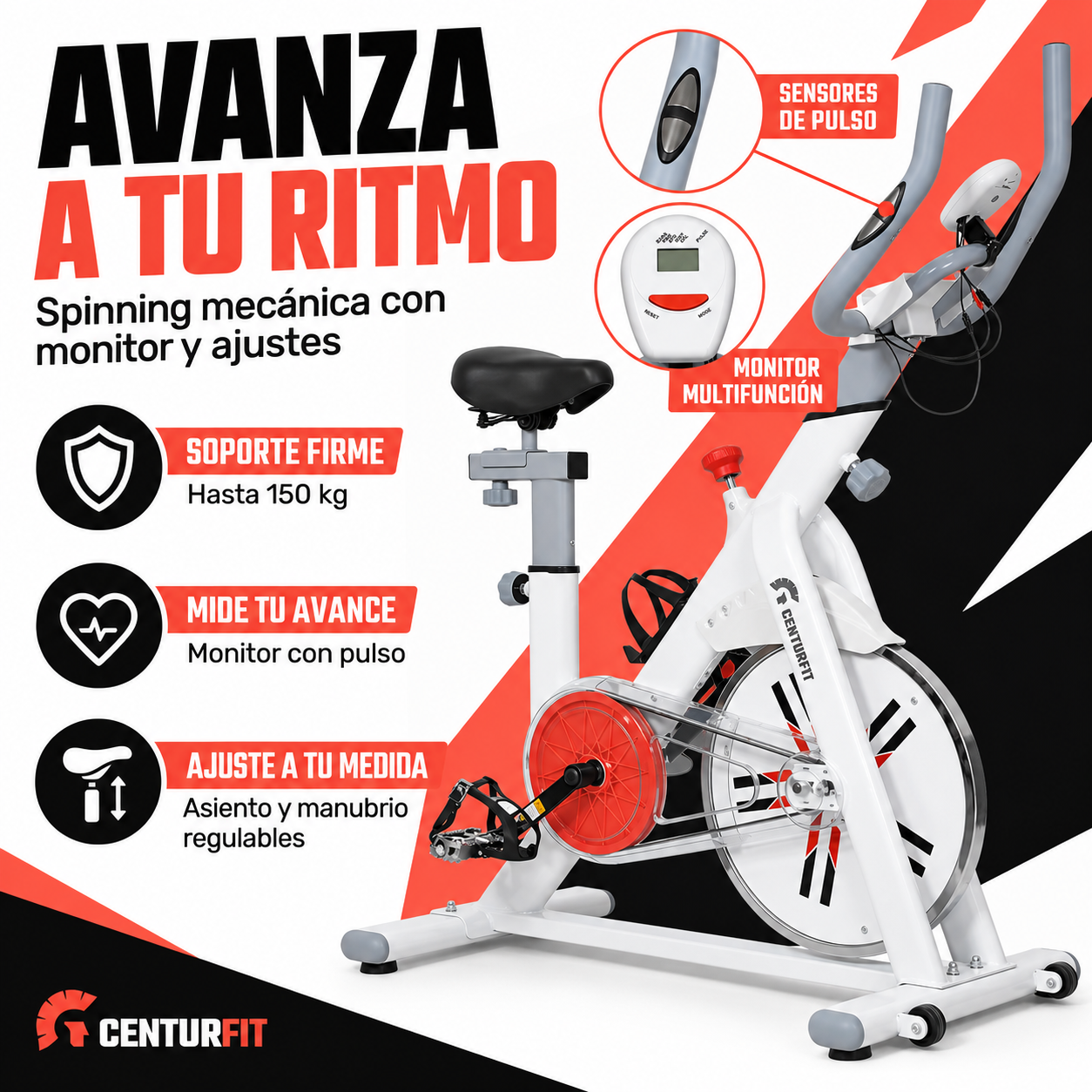 Bicicleta Spinning Centurfit 8 Kg Blanca Soporta 150 Kg Pantalla Con Pulso-1