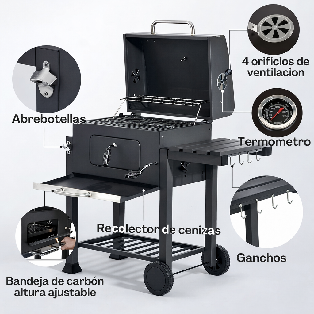 Parrilla A Carbón BBQ Con Tapa Termómetro Ruedas Para Quincho Jardimex-5