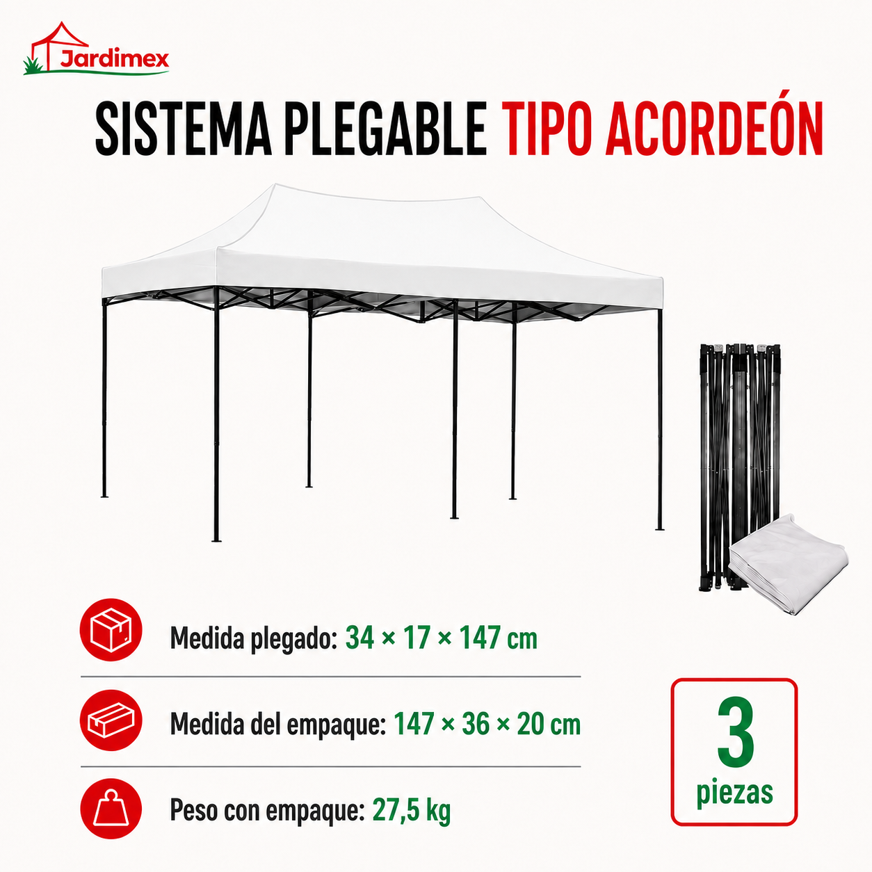 Toldo Plegable 3x6 Impermeable Araña Blanco-3