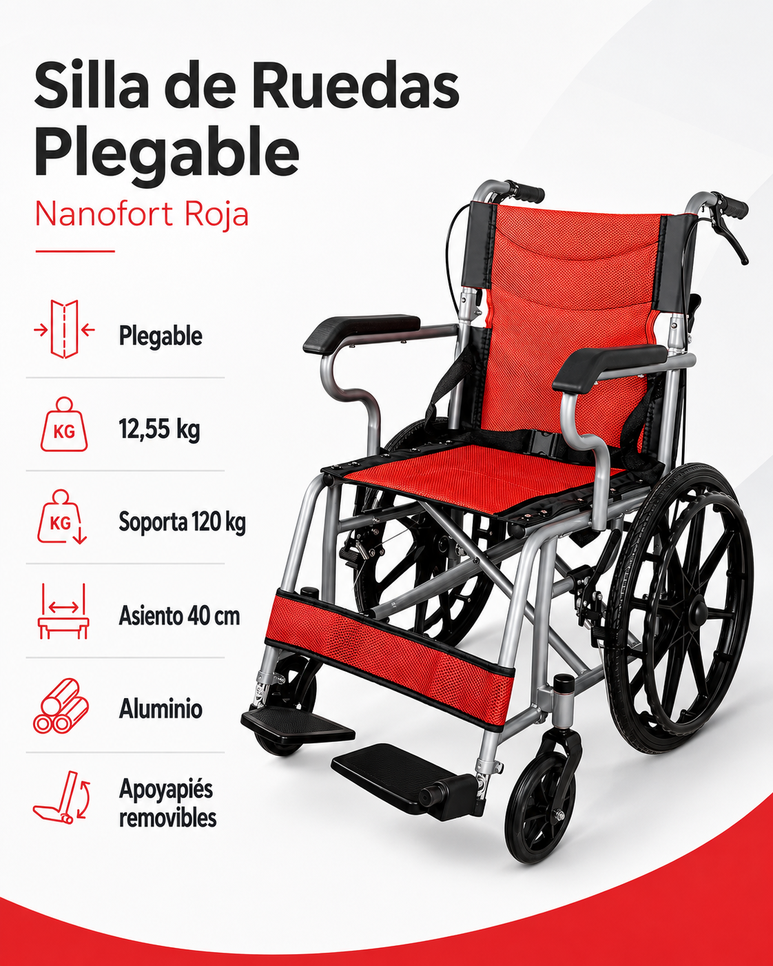 Silla Ruedas Plegable Aluminio Ligera Premium Roja-2