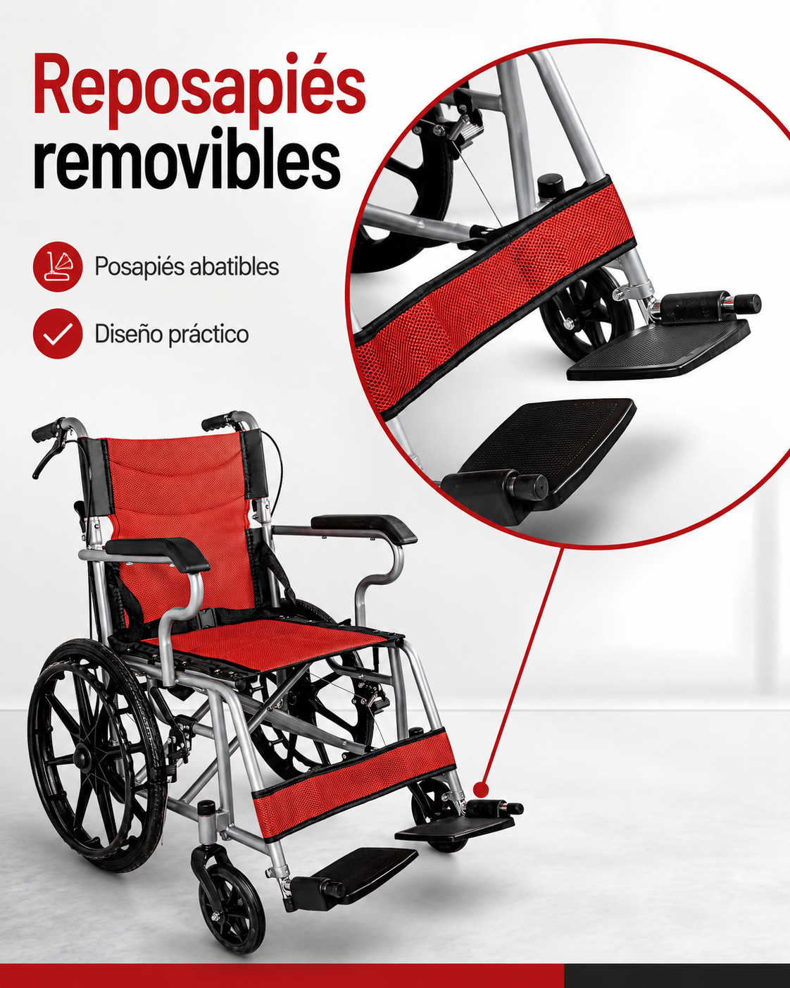 Silla Ruedas Plegable Aluminio Ligera Premium Roja-3
