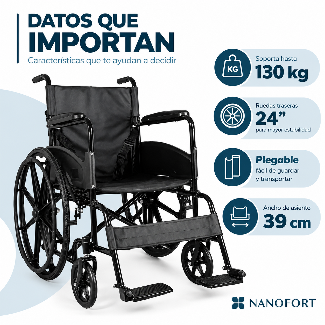 Silla De Ruedas Manual Plegable 24 Acero 130 Kg Nanofort Apoyapi s Removibles Color Negro-2