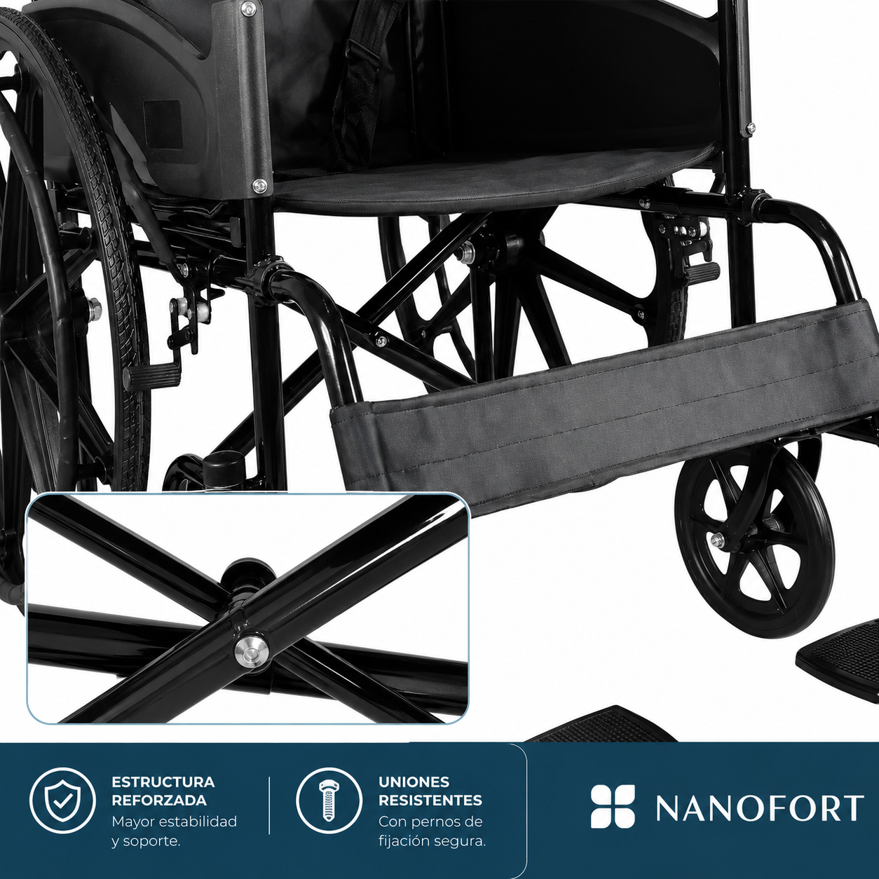 Silla De Ruedas Manual Plegable 24 Acero 130 Kg Nanofort Apoyapi s Removibles Color Negro-3
