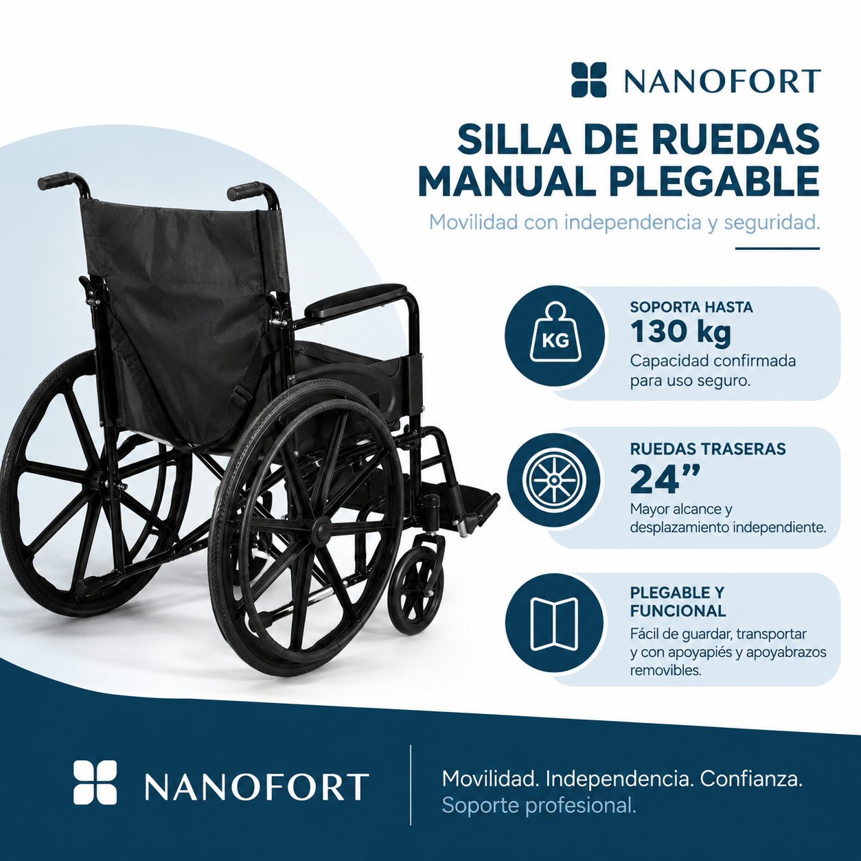 Silla De Ruedas Manual Plegable 24 Acero 130 Kg Nanofort Apoyapi s Removibles Color Negro-4