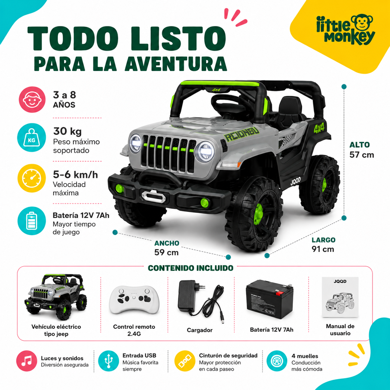 AUTO Camioneta  A BATERIA   12v 2 Motores Niño Control Usb-5