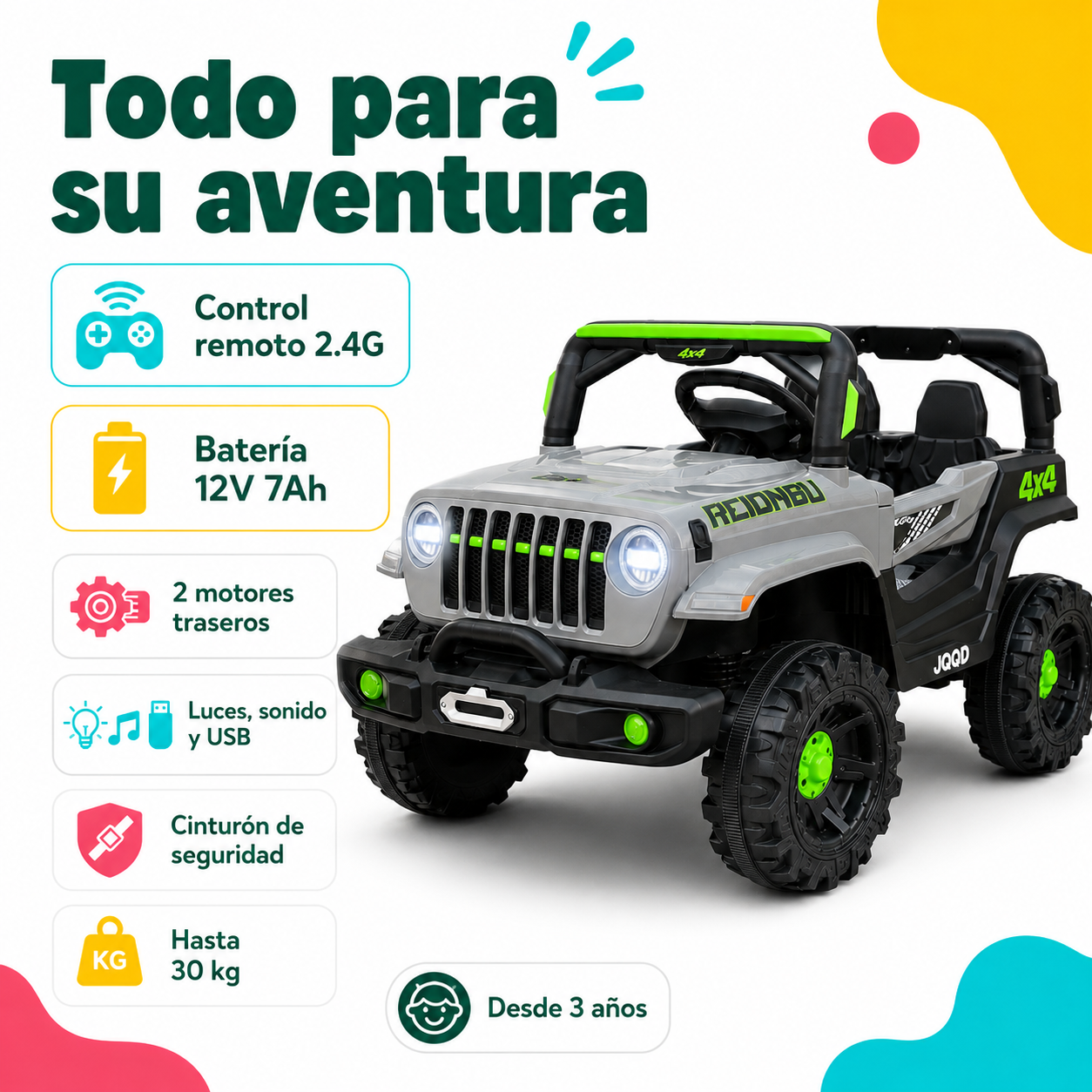 AUTO Camioneta  A BATERIA   12v 2 Motores Niño Control Usb-2