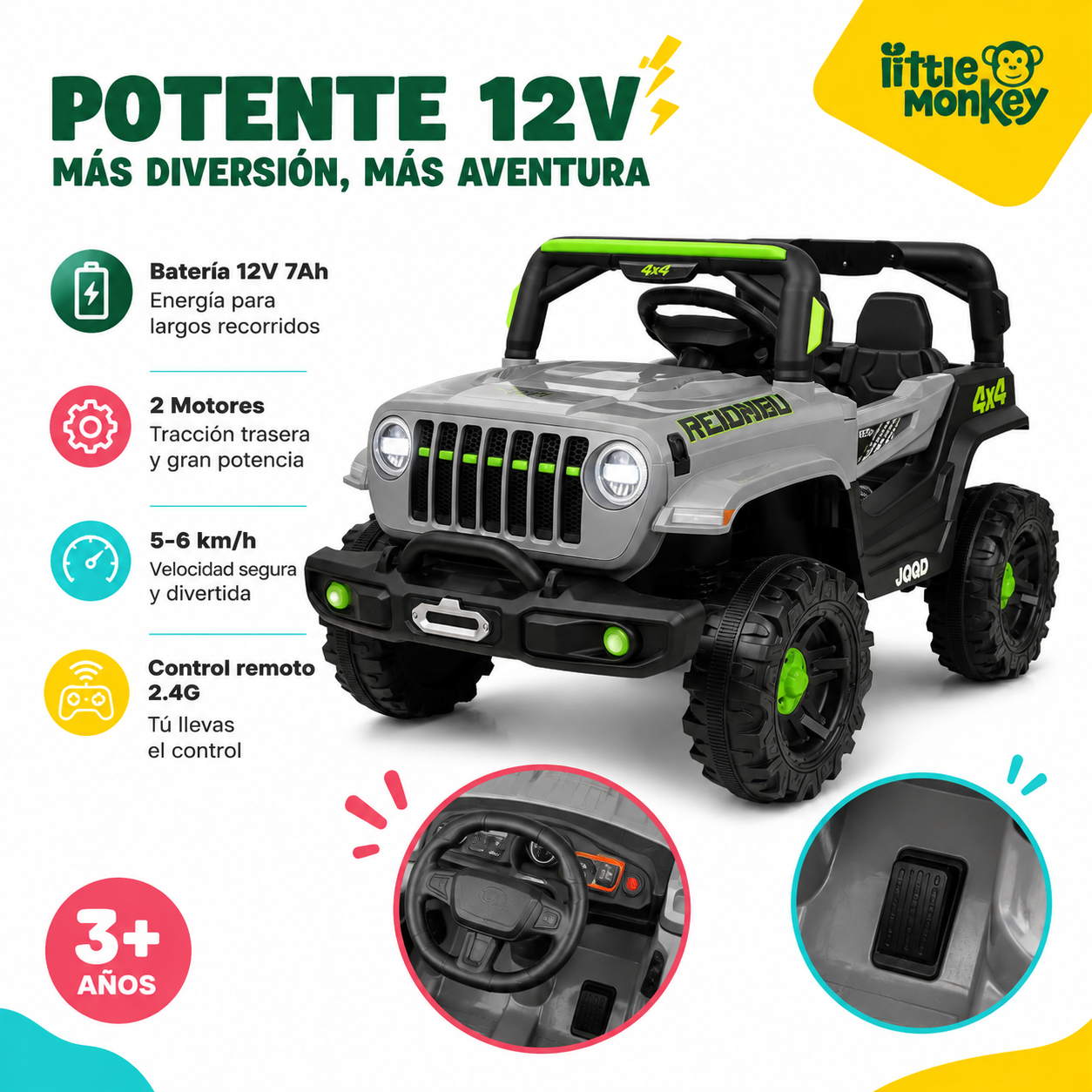 AUTO Camioneta  A BATERIA   12v 2 Motores Niño Control Usb-3