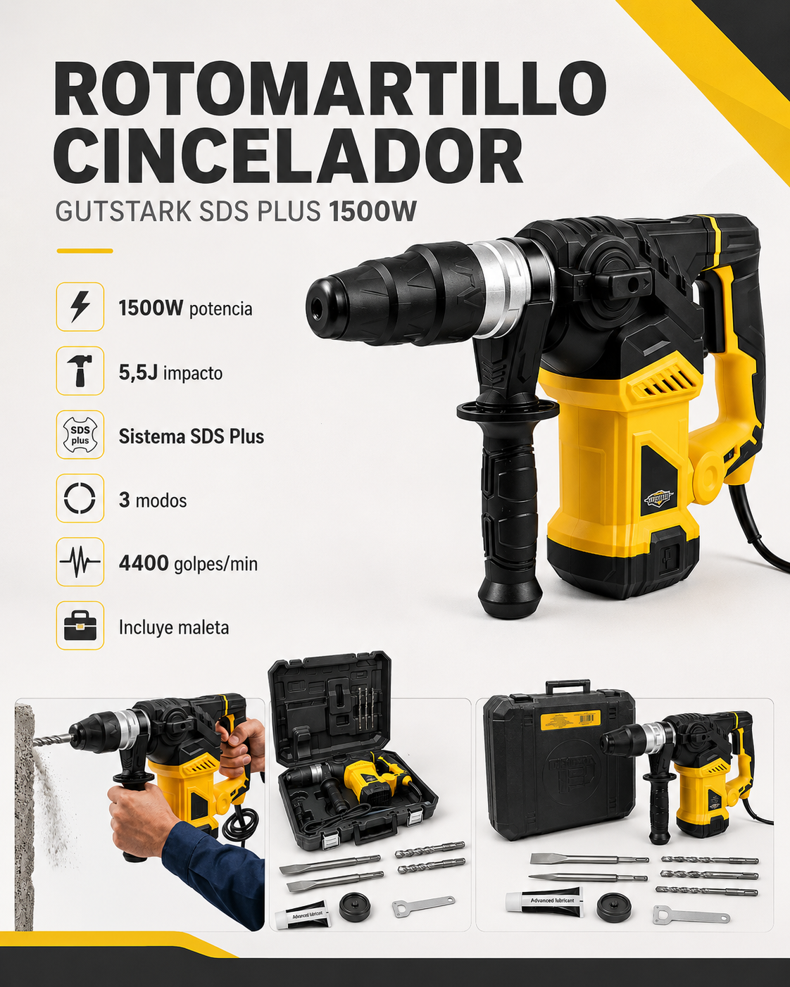 Rotomartillo Taladro Industrial Uso Rudo 220 V 1500w Color Amarillo-3