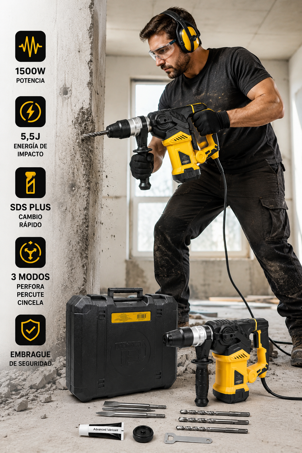 Rotomartillo Taladro Industrial Uso Rudo 220 V 1500w Color Amarillo-4