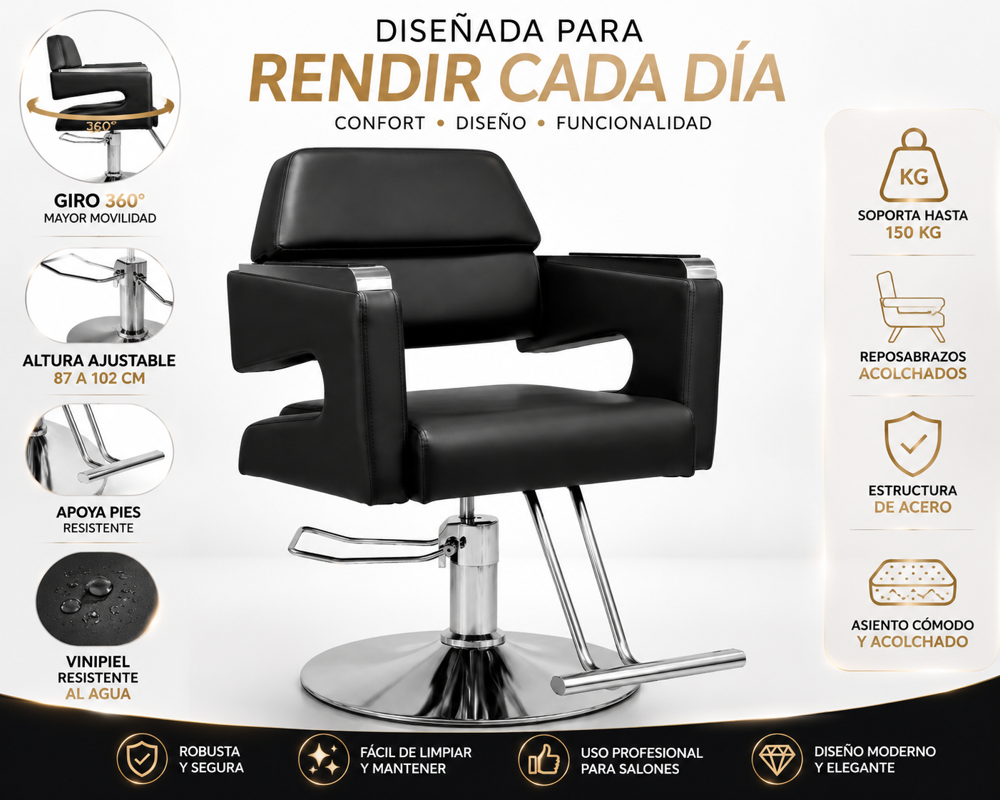 Silla Barber a Hidr ulica Ajustable Giro 360 Apoyapi s 150 Kg Color Negro-2